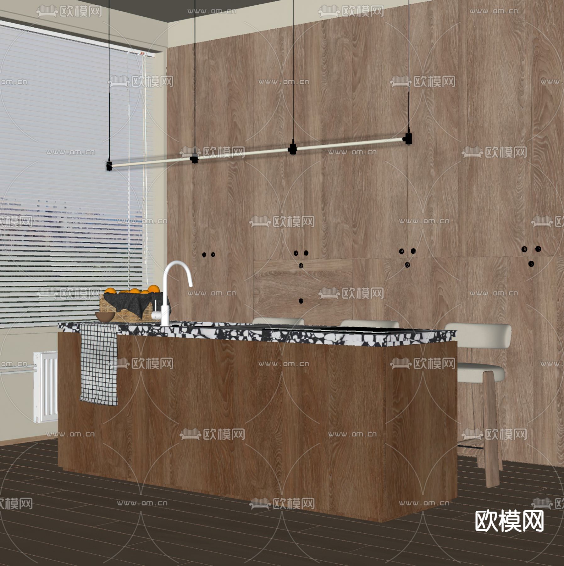 侘寂风实木吧台吧椅su模型下载（渲染图2）