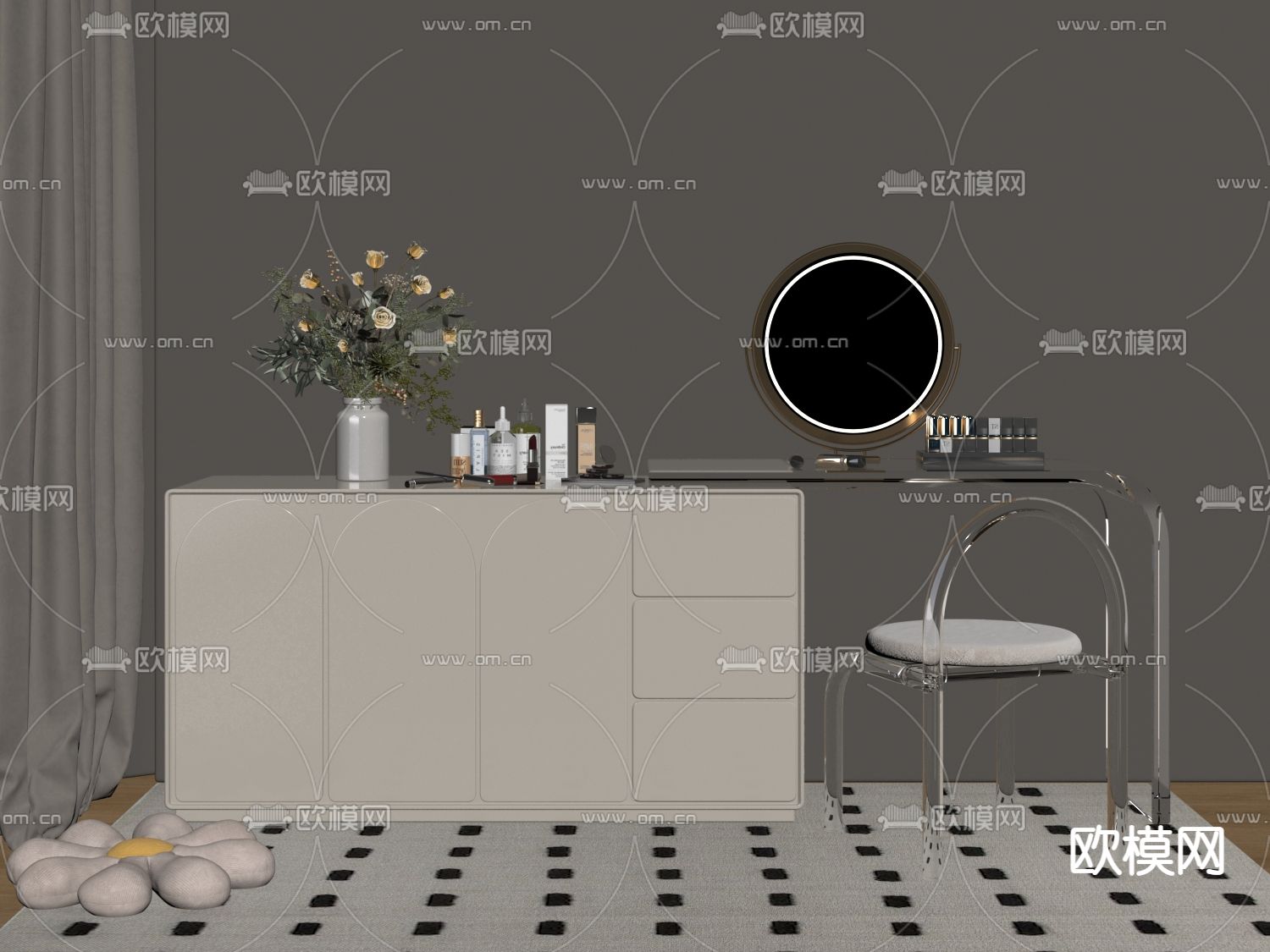奶油风梳妆台 化妆台su模型下载（渲染图2）