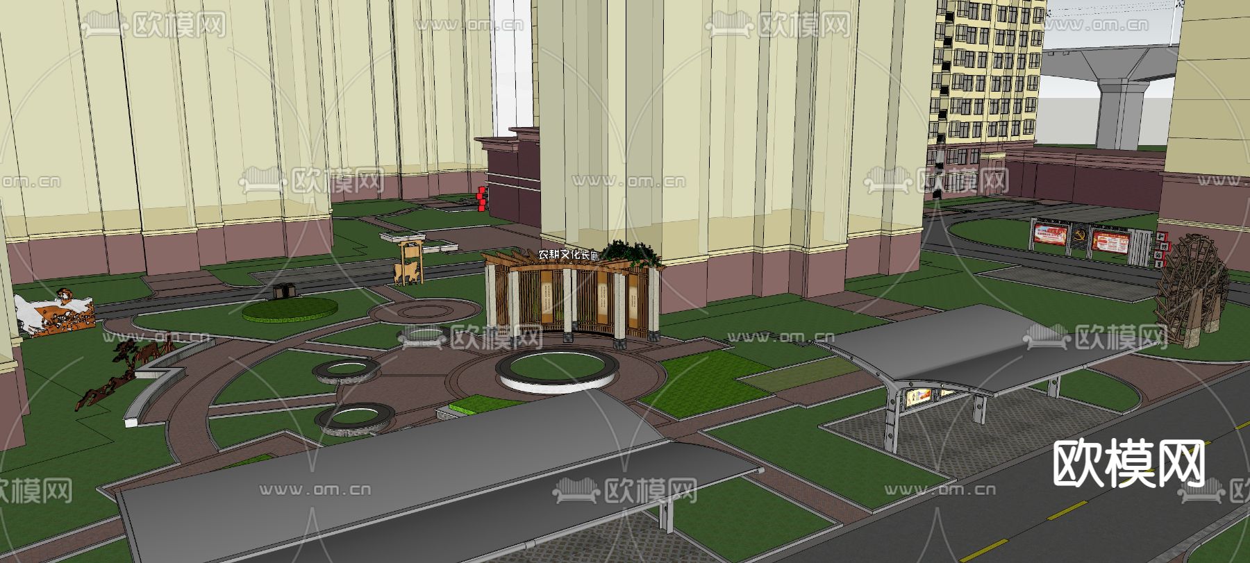 新中式村史馆 社区广场su模型下载（渲染图8）