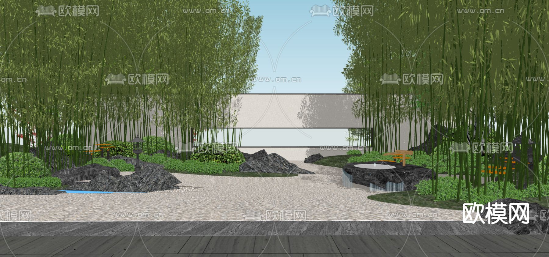 中式枯山水 景观竹林su模型下载（渲染图2）