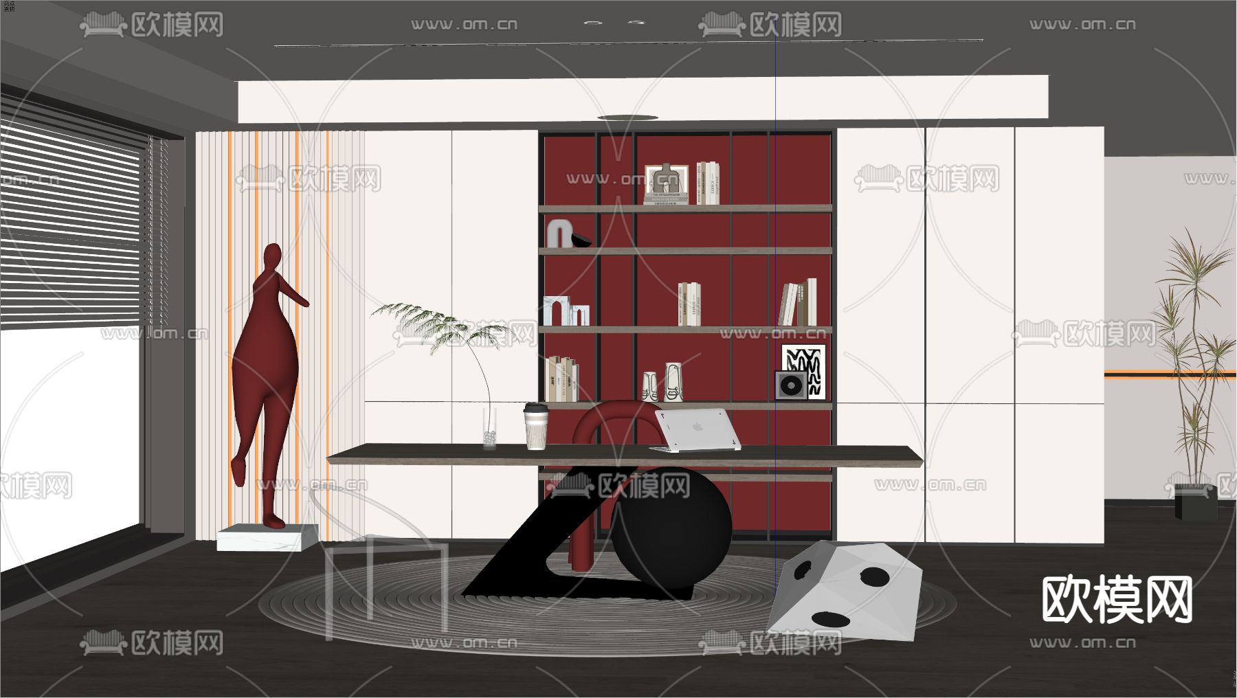 奶油风书房su模型下载（渲染图2）