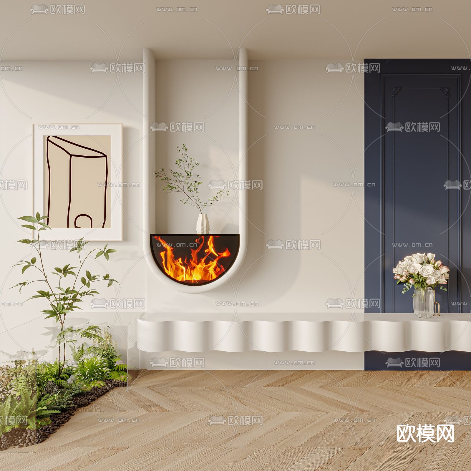 奶油风壁炉 火炉su模型