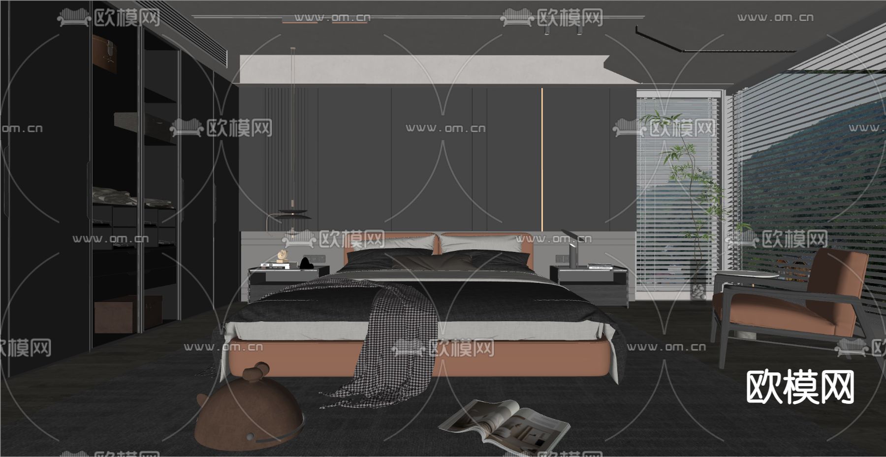 暗黑风卧室 主人房su模型下载（渲染图2）