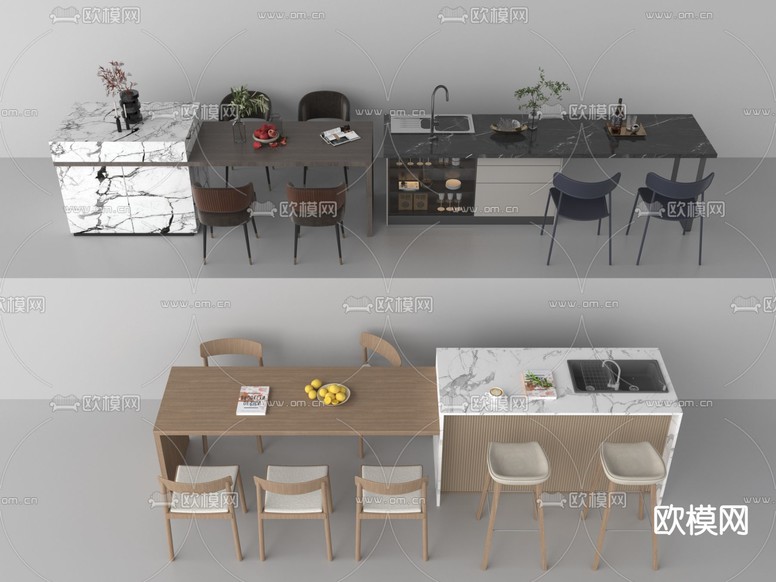 现代岛台餐桌椅3d模型下载