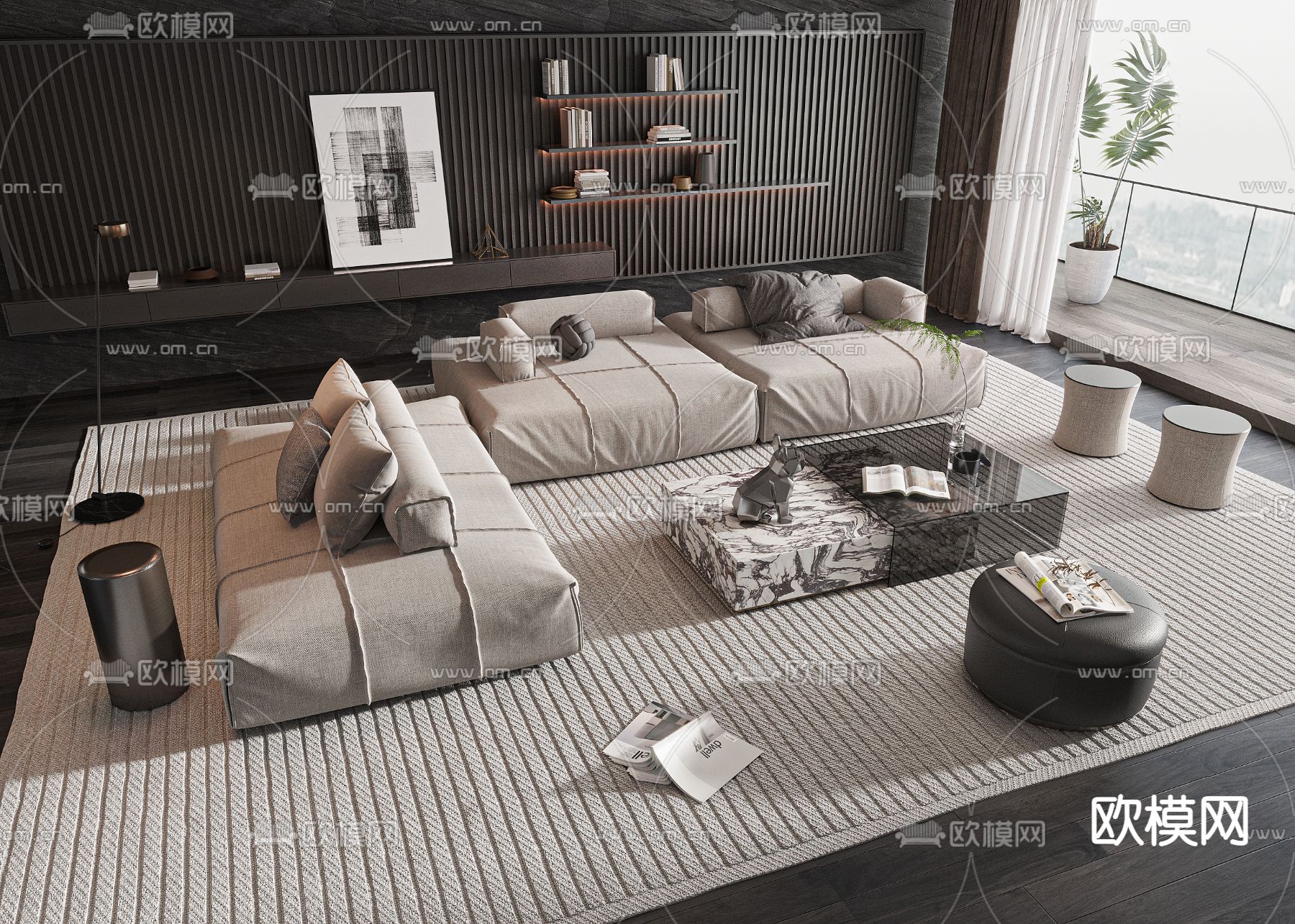 暗黑风组合沙发3d模型下载（渲染图1）