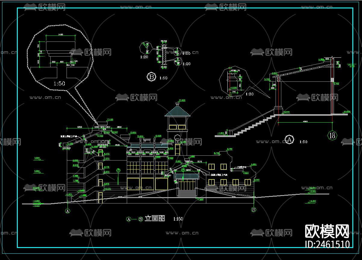中式商务楼建筑cad施工图下载（渲染图1）