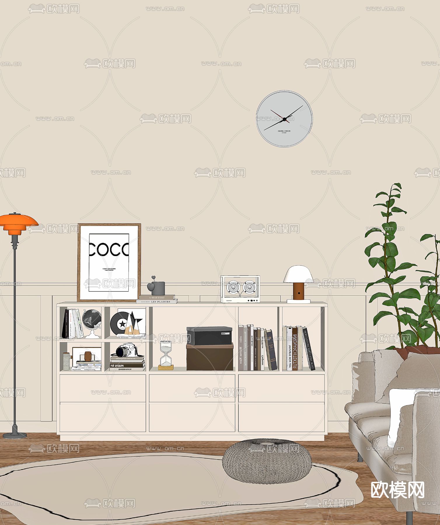 奶油风边柜 斗柜su模型下载（渲染图2）