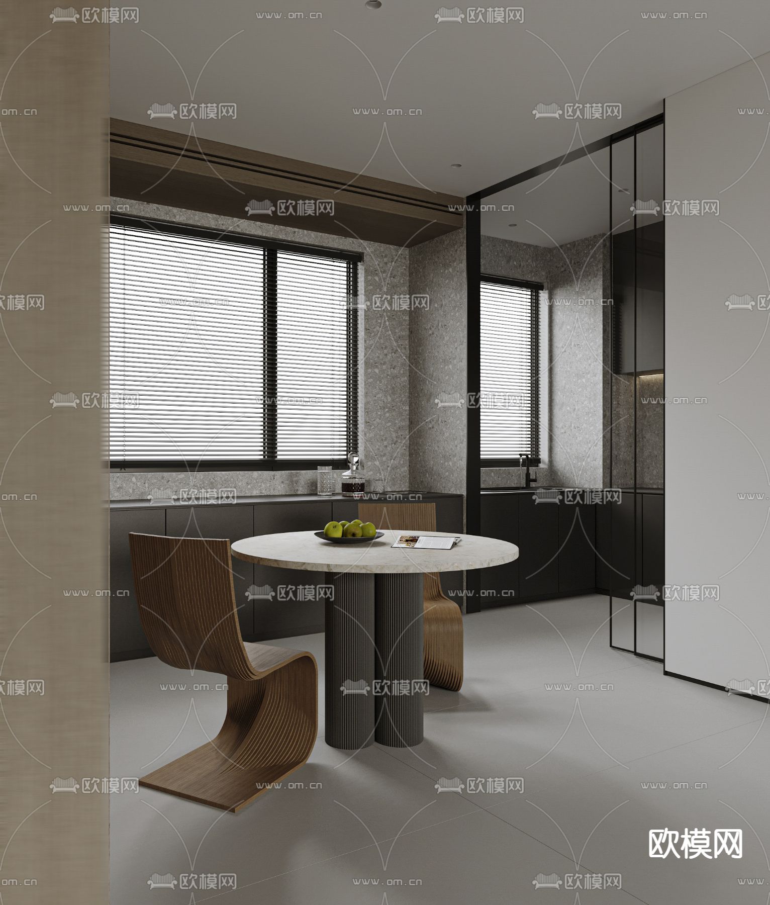 高级灰客餐厅3d模型下载（渲染图2）