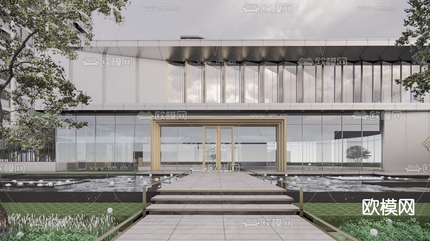 轻奢售楼处 建筑外观su模型下载（渲染图1）