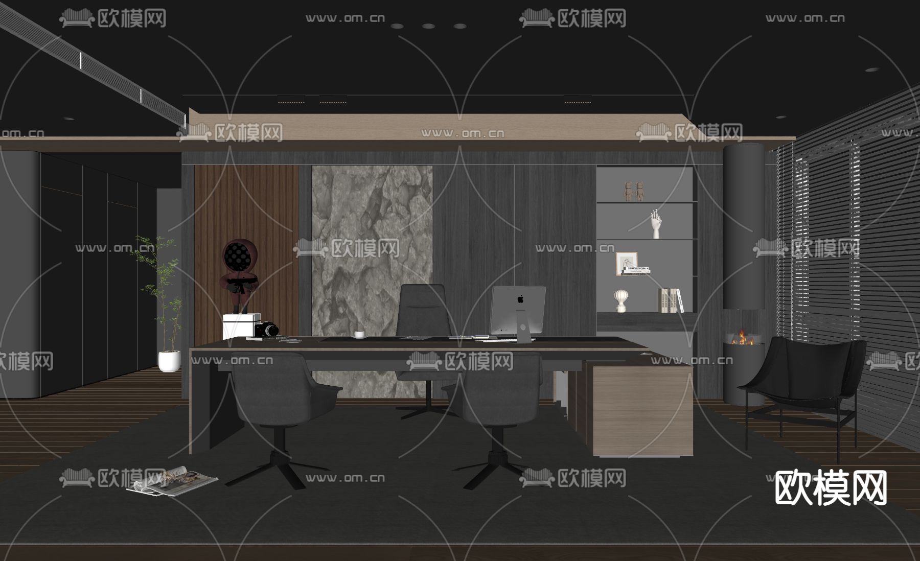 暗黑风主管室 总经理室su模型下载（渲染图2）