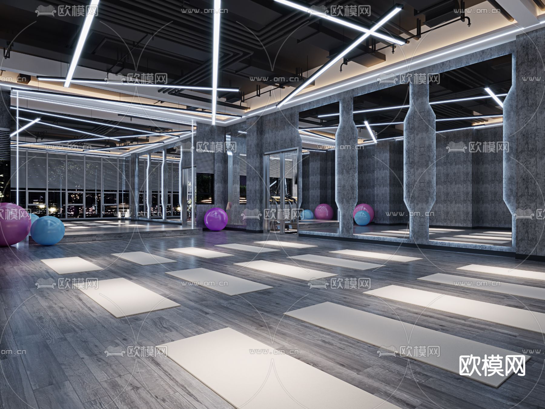 现代健身房 瑜伽房3d模型下载（渲染图2）