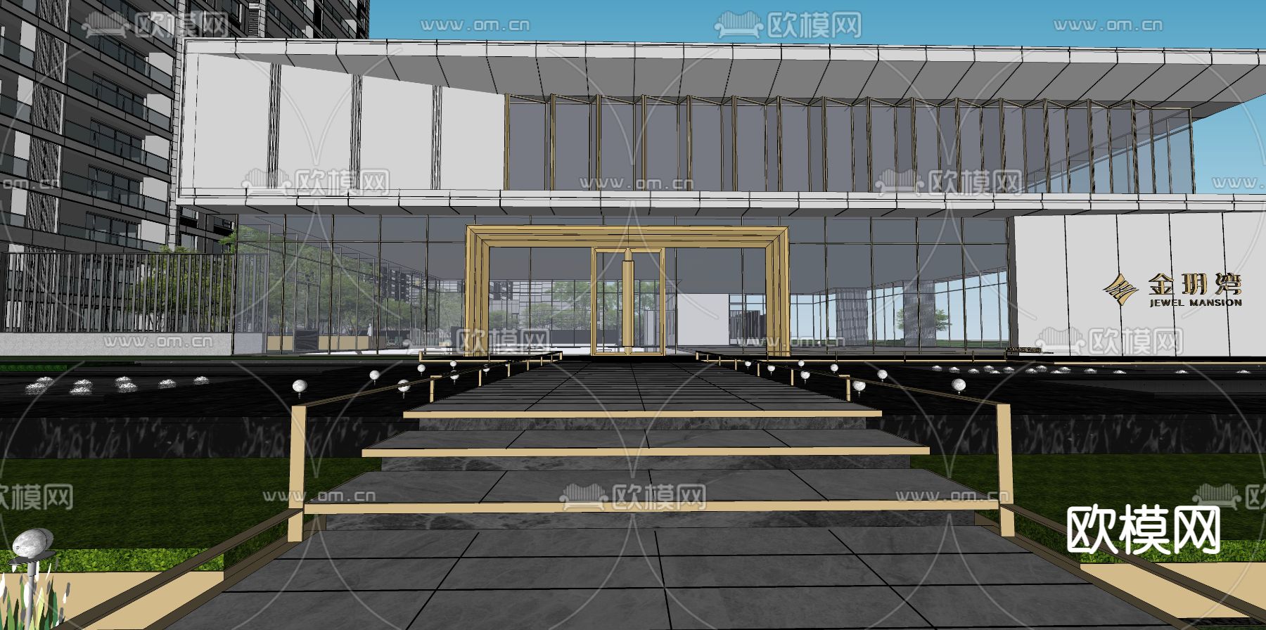 轻奢售楼处 建筑外观su模型下载（渲染图4）