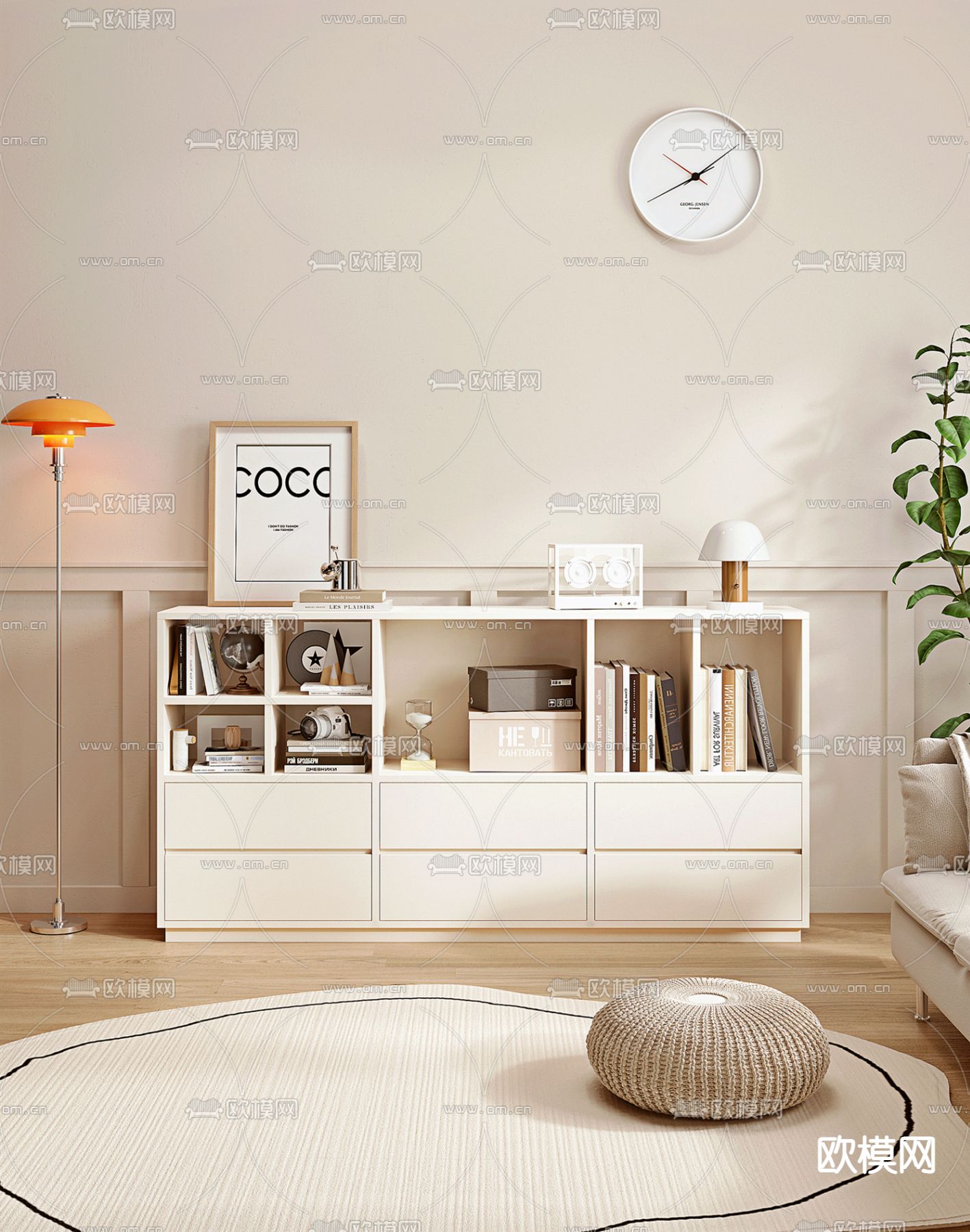 奶油风边柜 斗柜su模型下载（渲染图1）