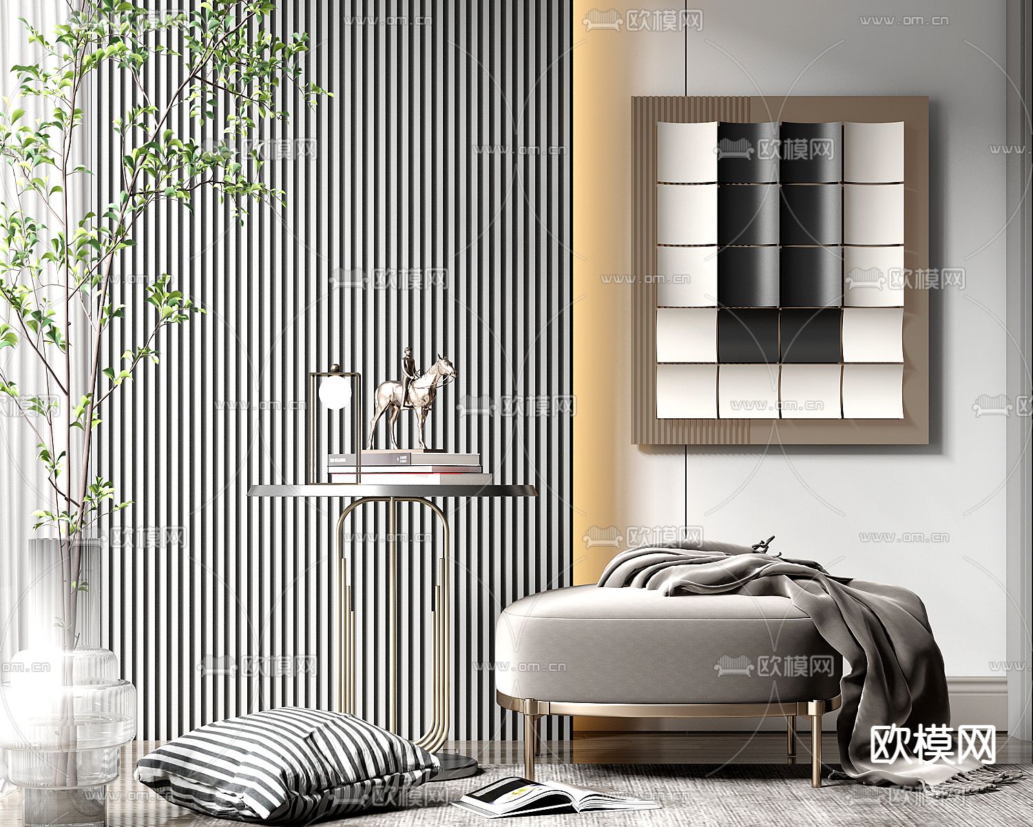 轻奢沙发凳 脚踏su模型下载（渲染图1）