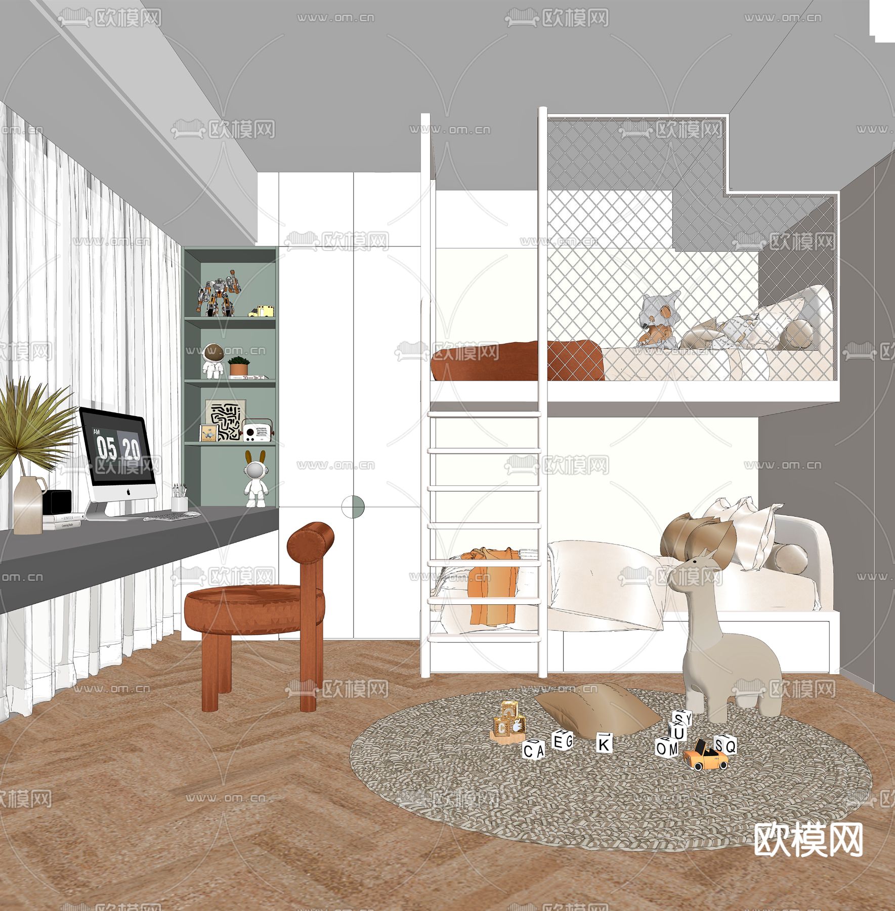 奶油风儿童房 小孩房su模型