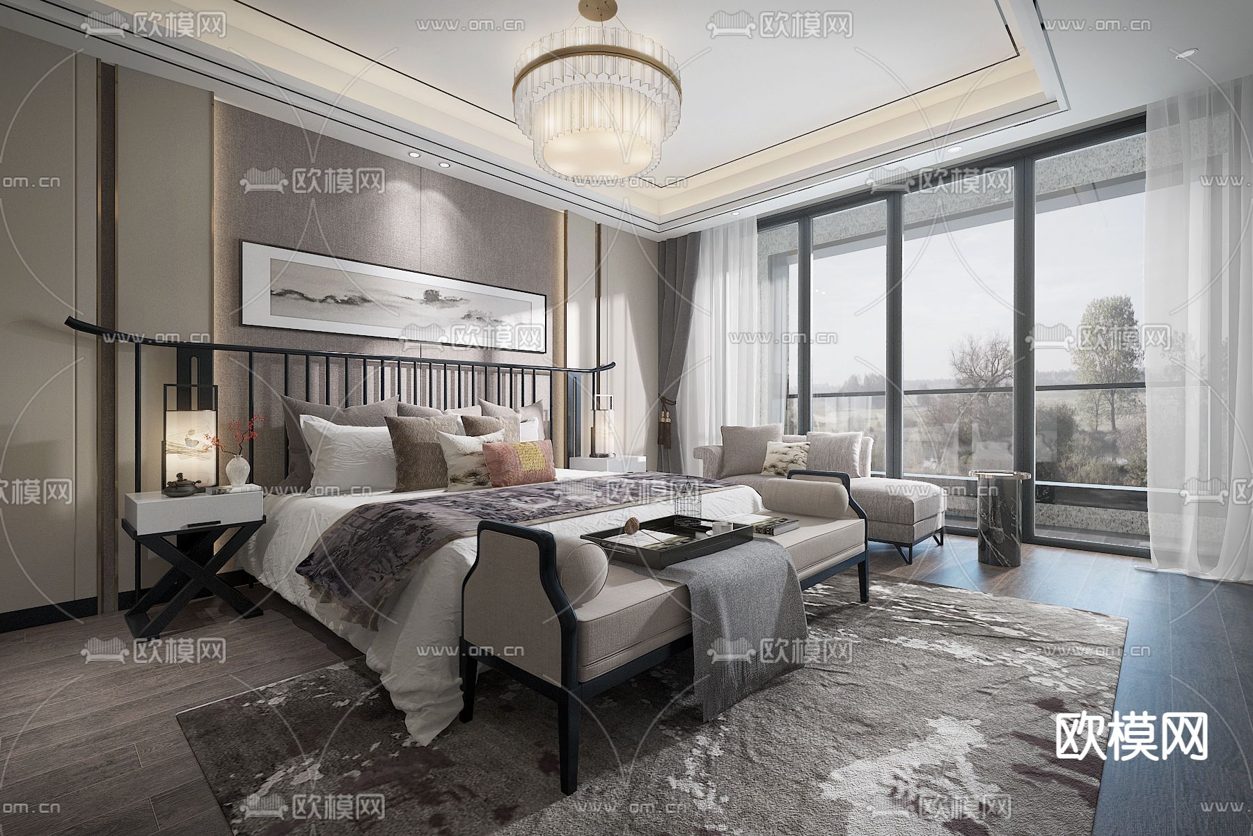 INHOUSE设计 新中式卧室主人房su模型下载