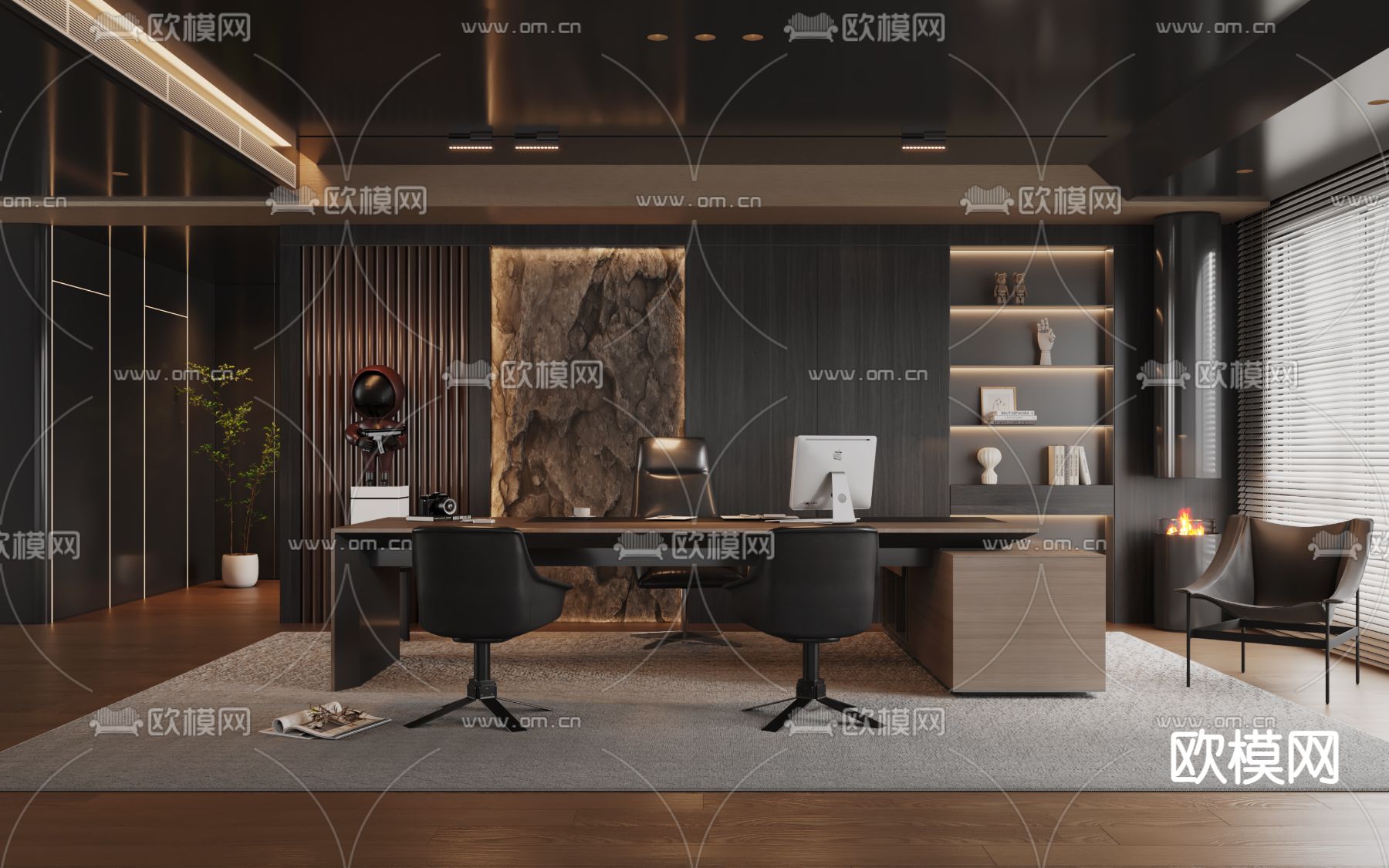 暗黑风主管室 总经理室su模型下载（渲染图1）