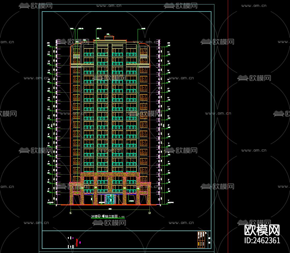 某小区7号楼十二层建筑CAD施工图下载（渲染图1）