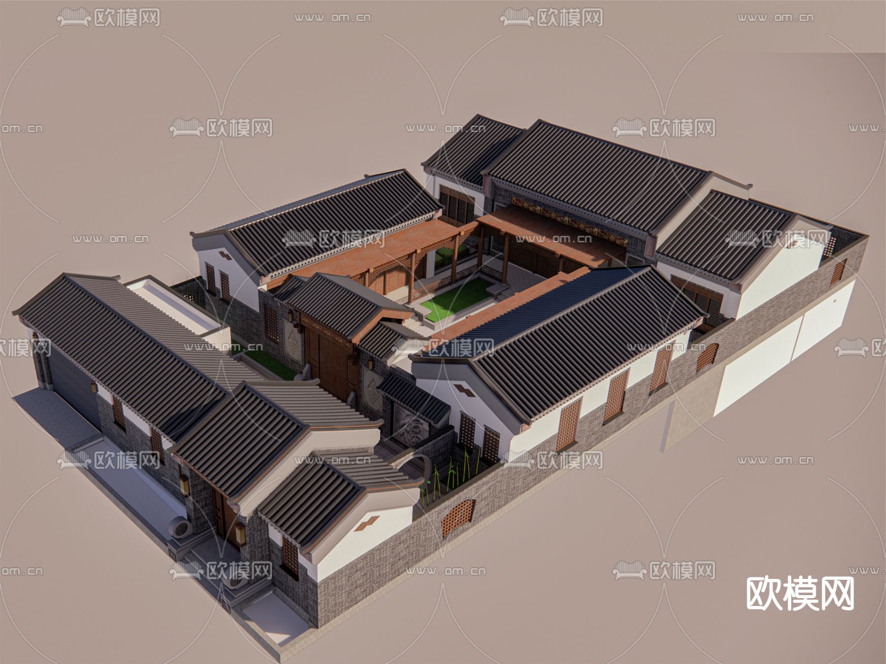 中式四合院 建筑外观su模型下载（渲染图1）