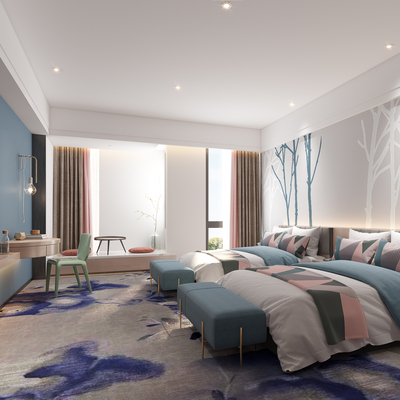  酒店客房 双床房su模型 