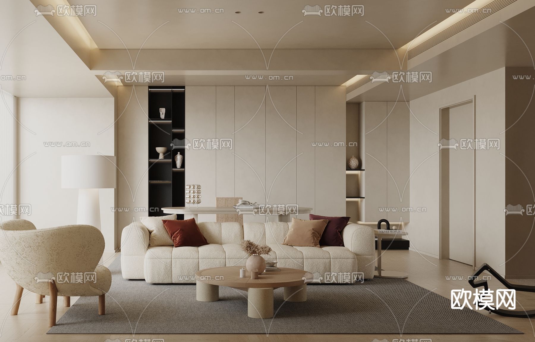 奶油风客厅3d模型下载_ID12287785_3dmax免费模型-欧模网