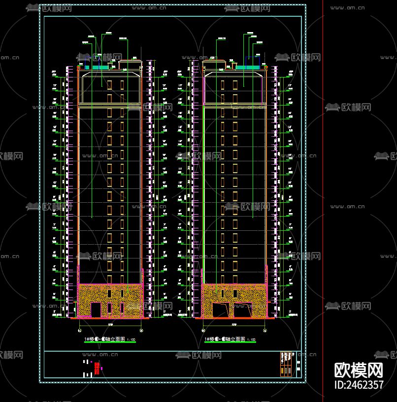 某小区1号楼十七层建筑CAD施工图下载（渲染图3）