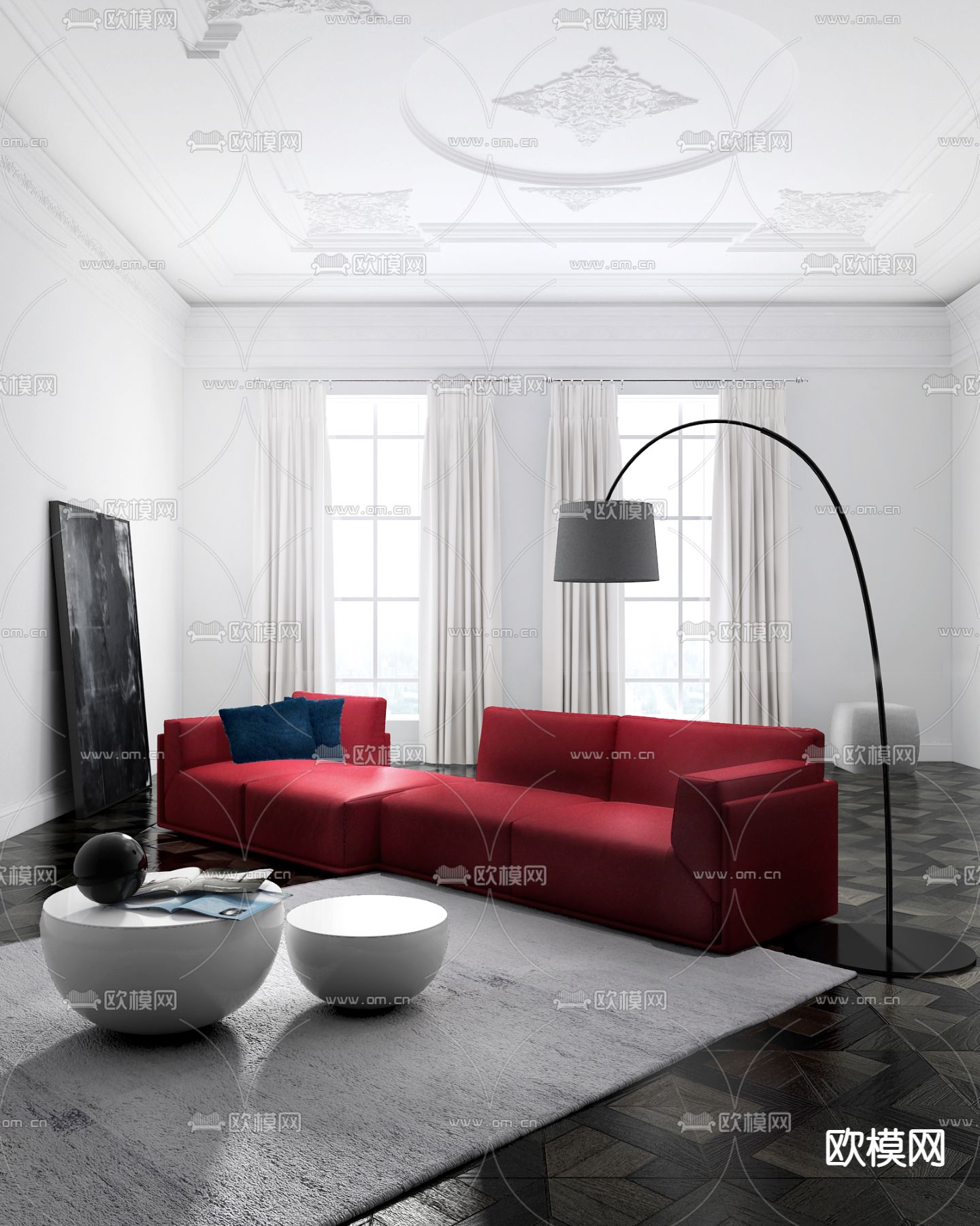 意大利Meridiani现代红色沙发茶几落地灯组合SU模型下载