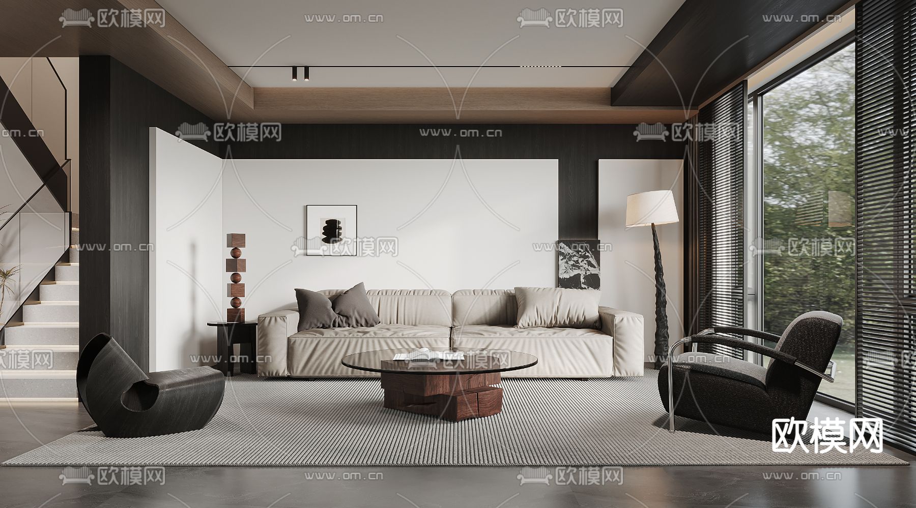 高级灰客厅3d模型下载