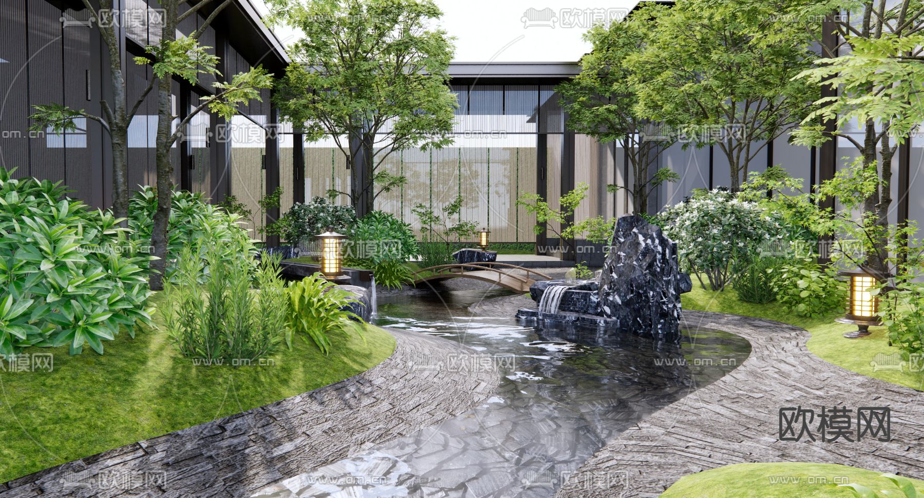 日式中庭庭院景观3d模型下载（渲染图2）