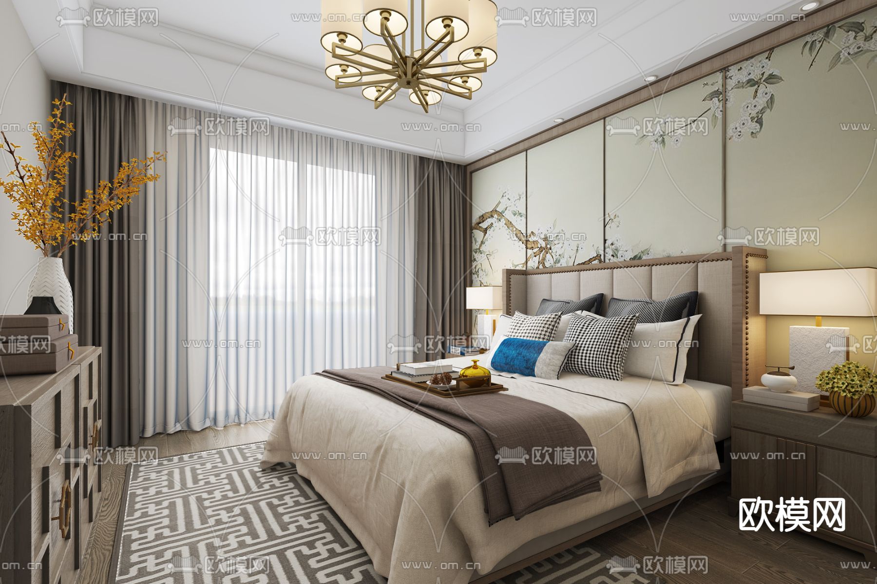 零次方设计 新中式卧室主人房SU模型下载