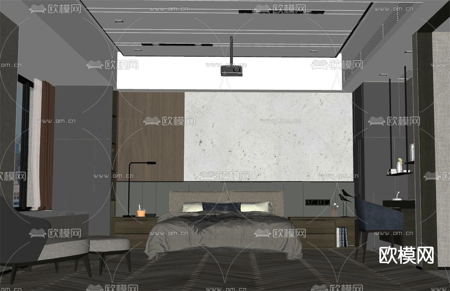 暗黑风卧室 主人房su模型下载（渲染图2）