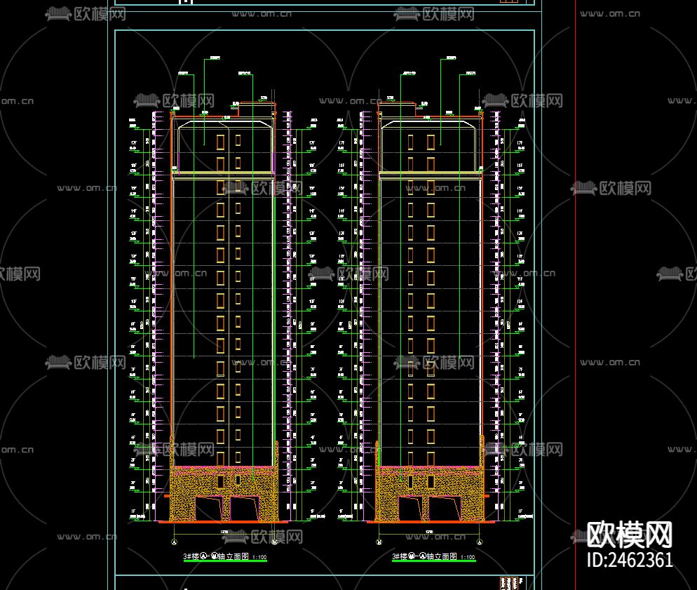 某小区7号楼十二层建筑CAD施工图下载（渲染图4）