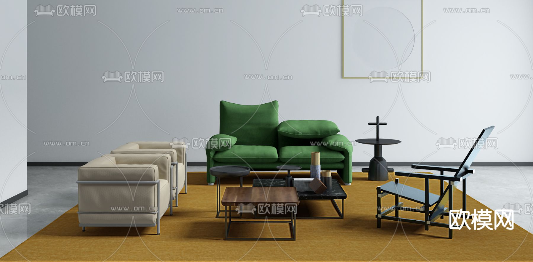 意大利Cassina品牌 现代客厅沙发茶几组合SU模型下载