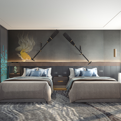  新中式酒店客房 双床房su模型 