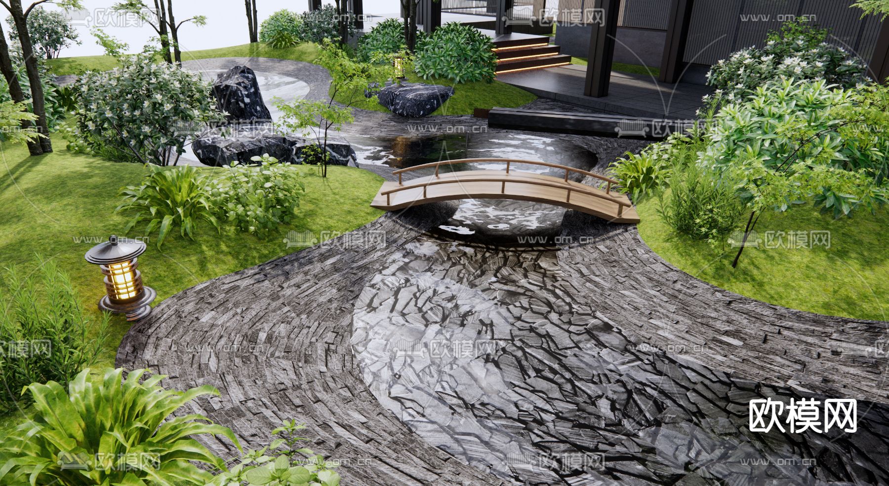 日式中庭庭院景观3d模型下载（渲染图4）