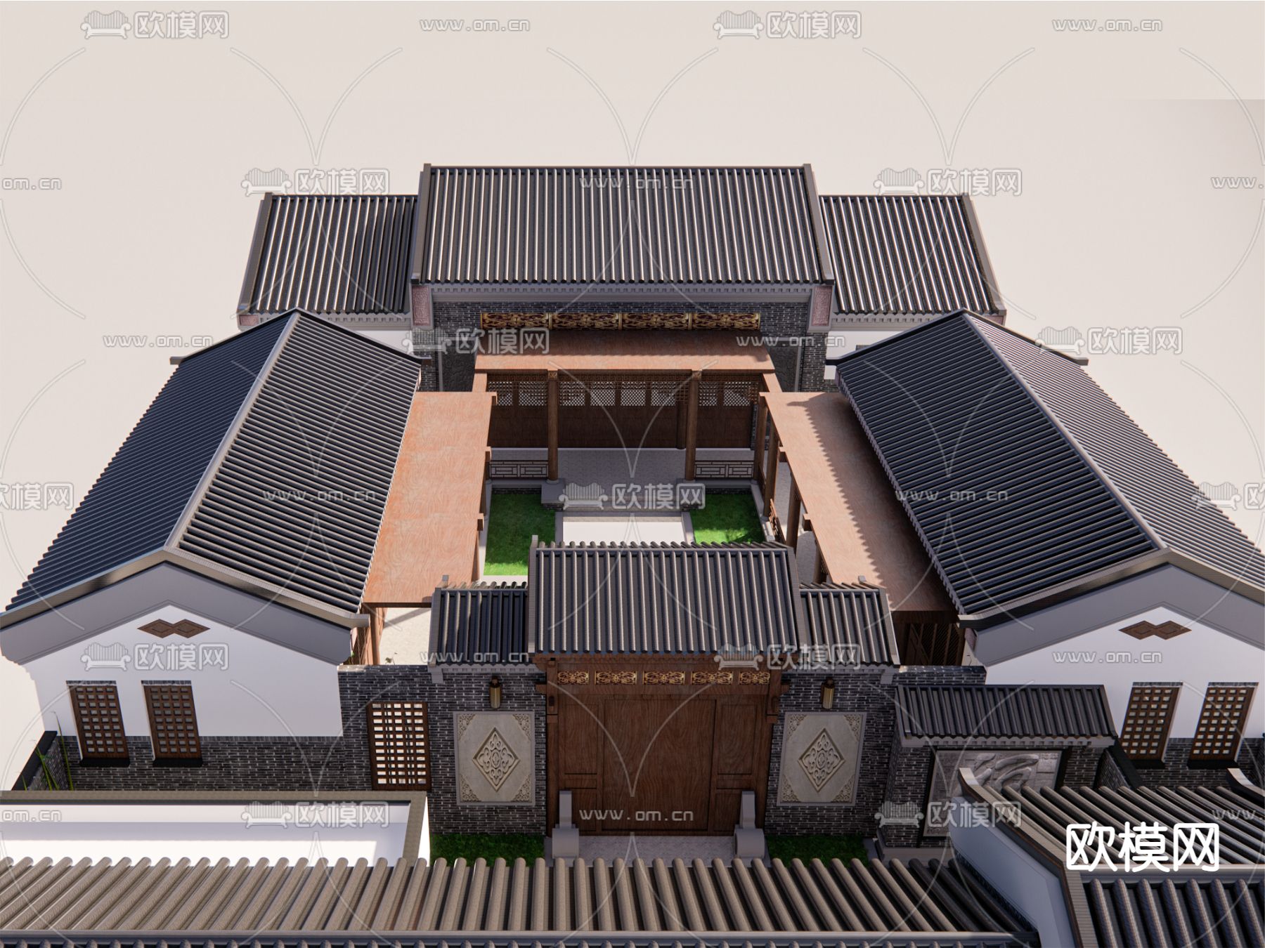 中式四合院 建筑外观su模型下载（渲染图2）