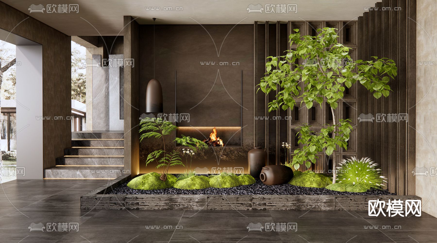 侘寂室内植物景观小品3d模型下载