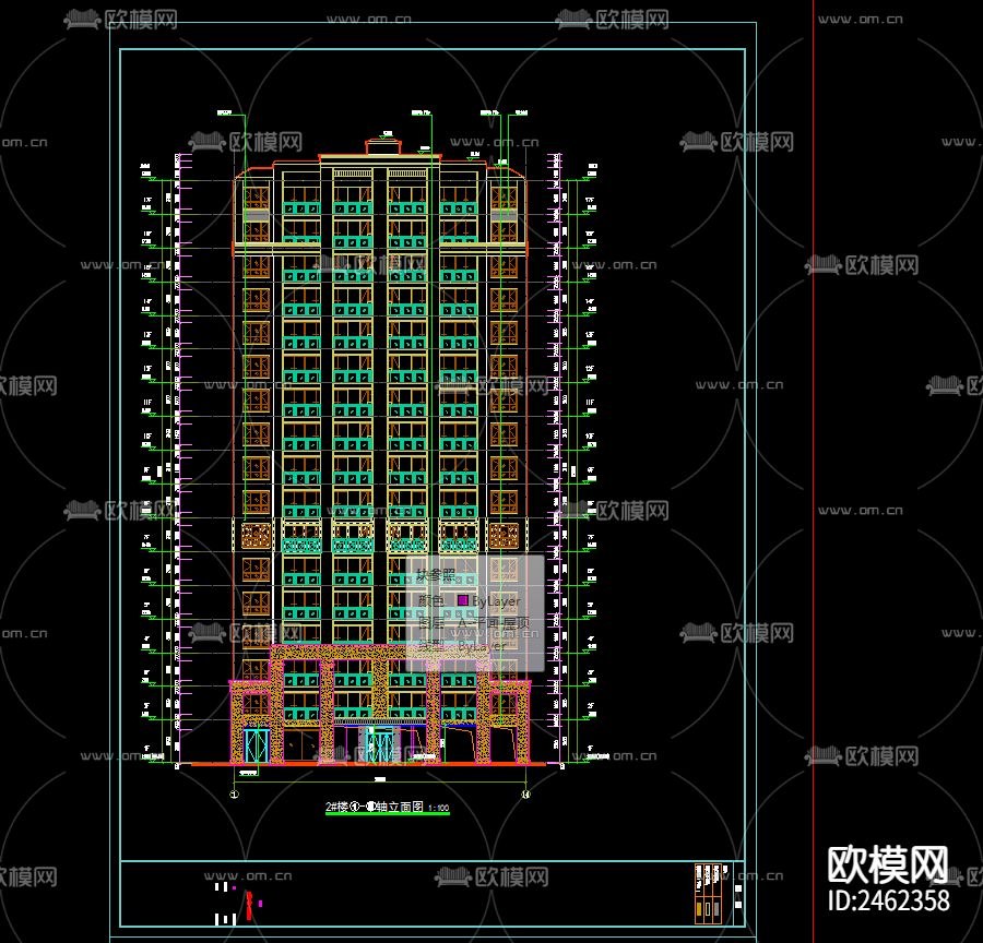 某小区2号楼十七层建筑CAD施工图下载（渲染图1）