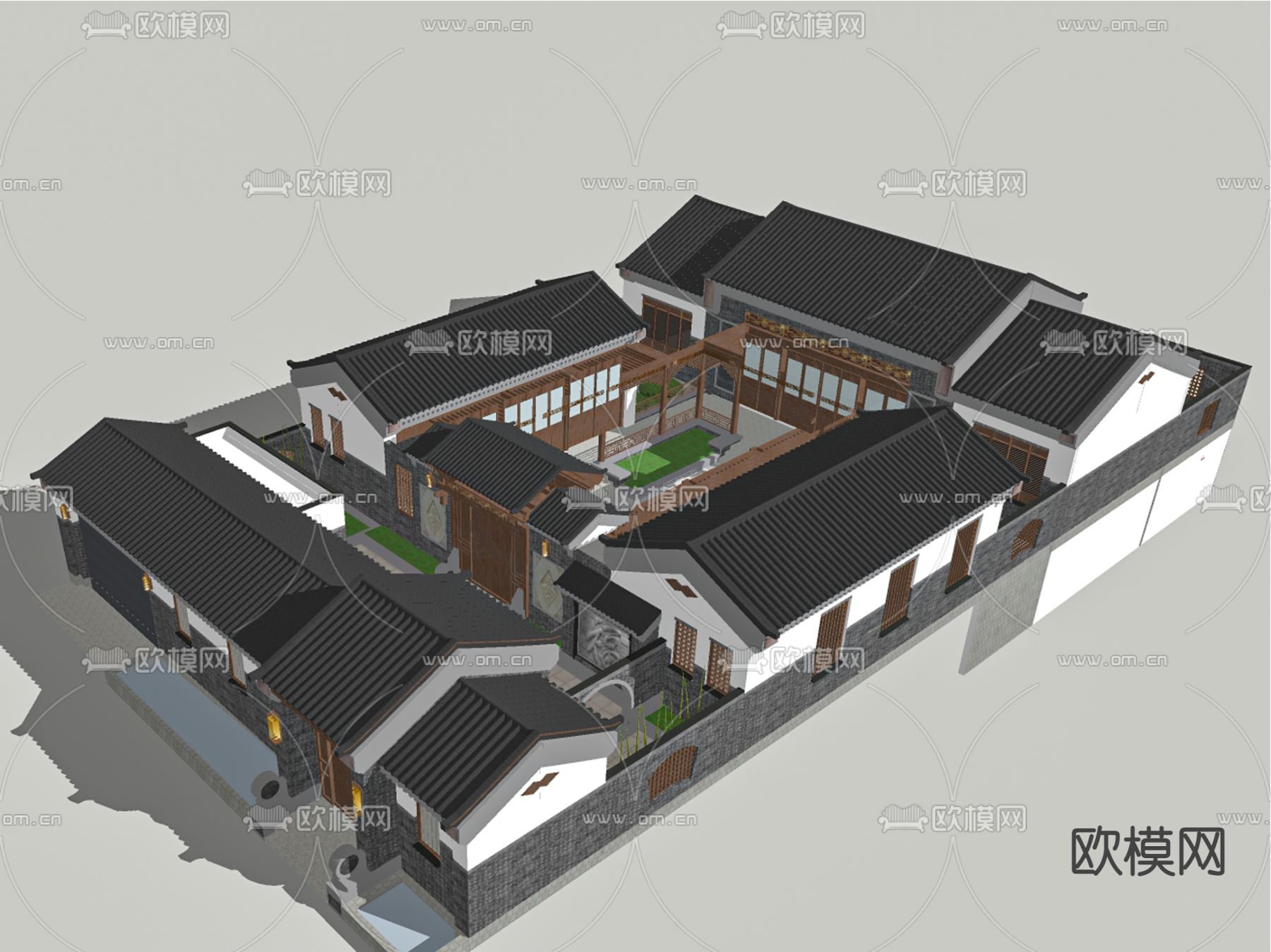 中式四合院 建筑外观su模型下载（渲染图3）