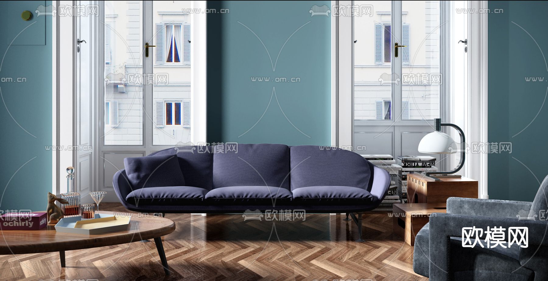 意大利Cassina品牌 现代蓝色多人沙发SU模型下载