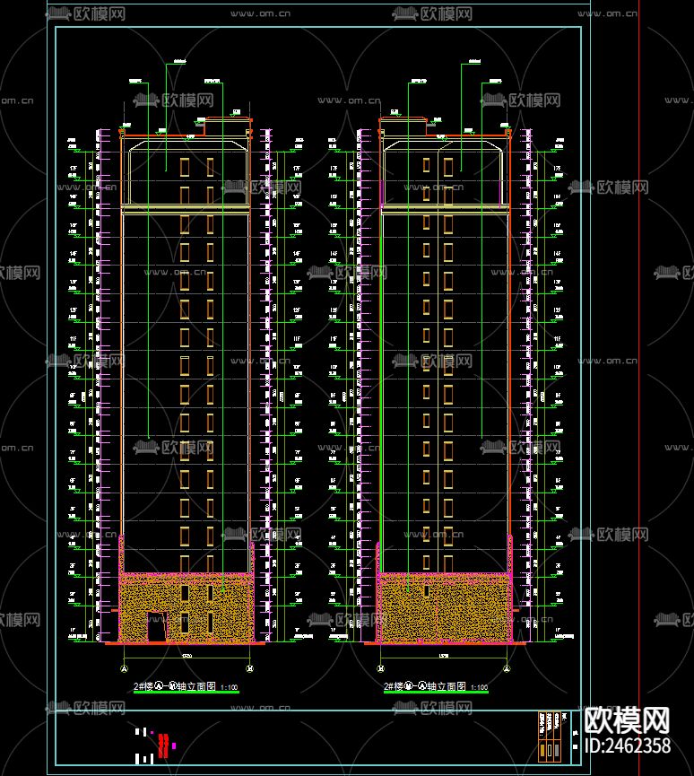 某小区2号楼十七层建筑CAD施工图下载（渲染图3）