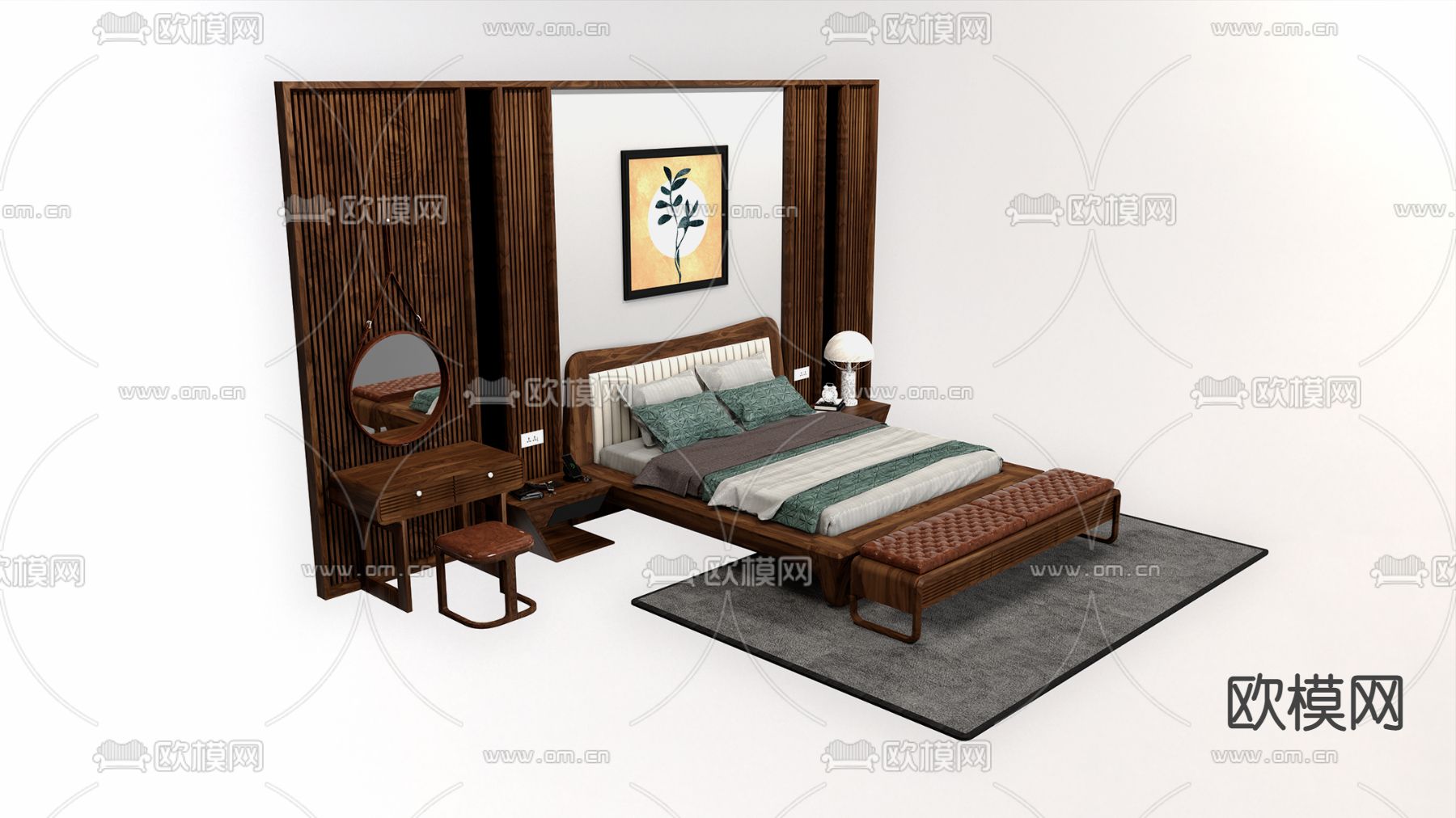 美式双人床su模型下载（渲染图2）