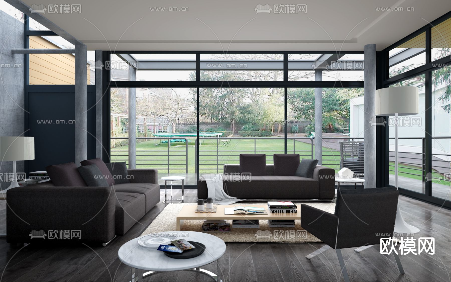 意大利B&BItalia品牌 现代客厅黑色组合沙发茶几SU模型下载