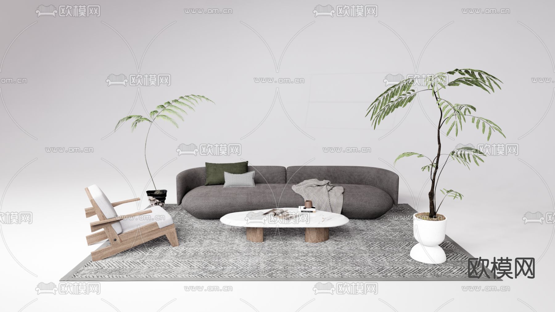 侘寂风组合沙发su模型下载（渲染图1）