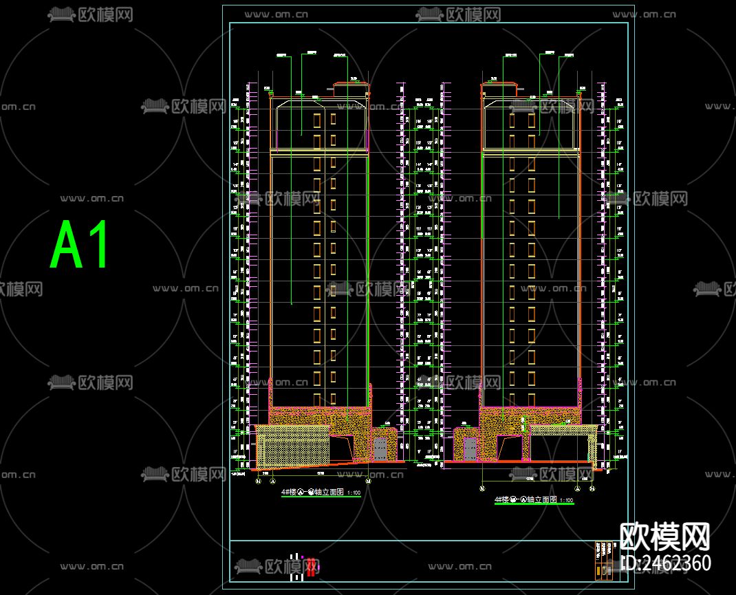 某小区4号楼十六层建筑CAD施工图下载（渲染图4）