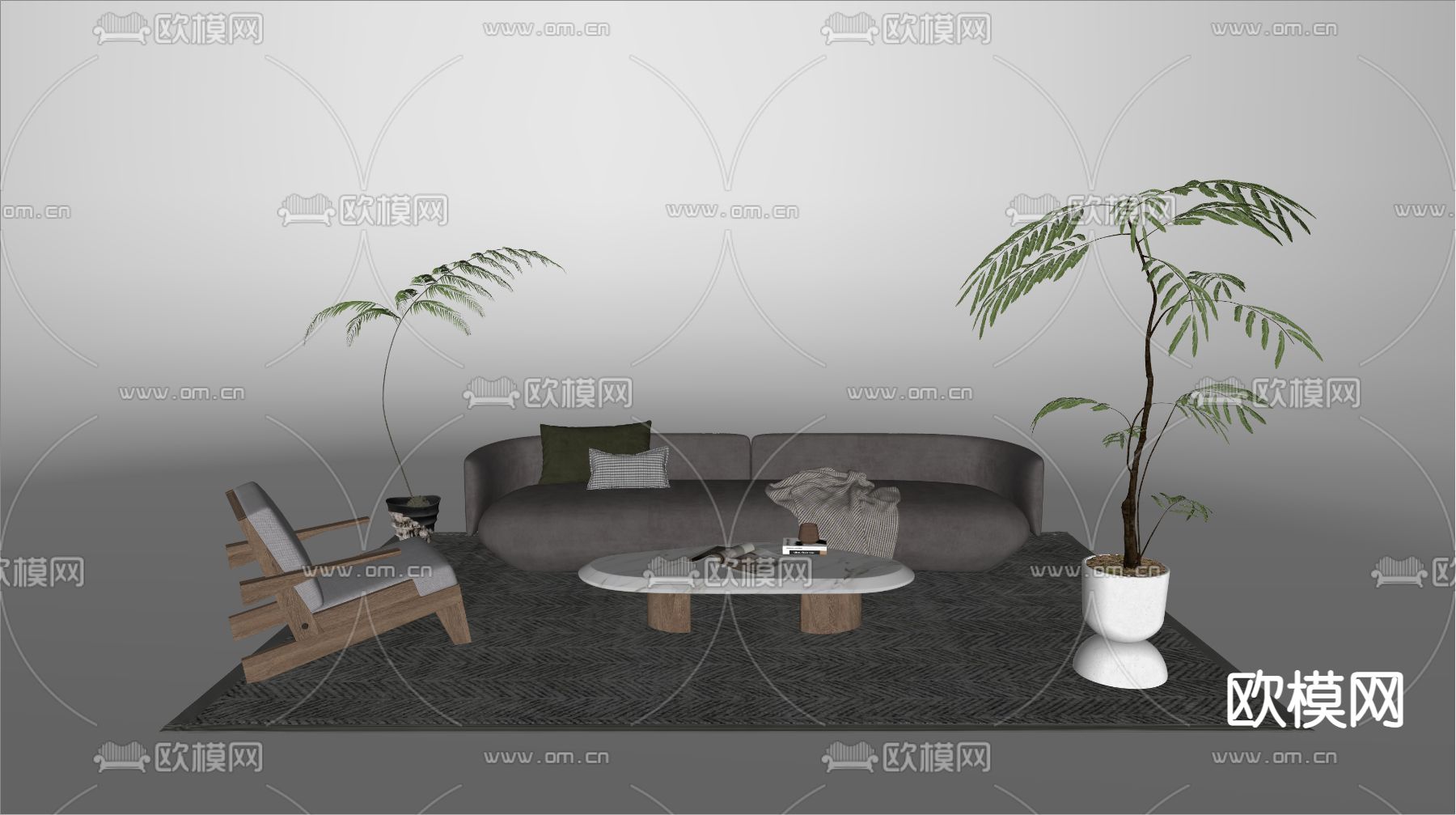 侘寂风组合沙发su模型下载（渲染图2）
