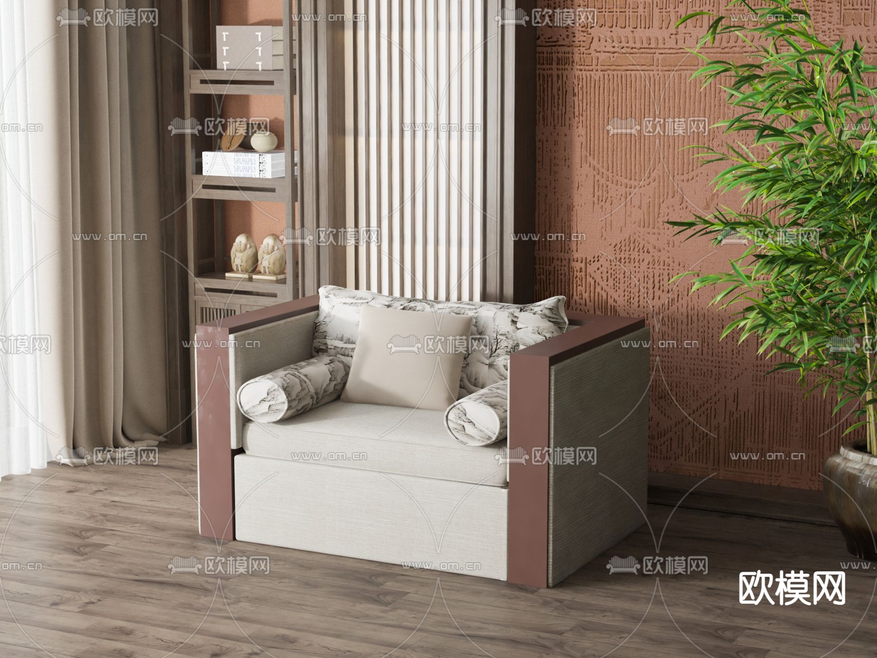 新中式单人沙发3d模型下载