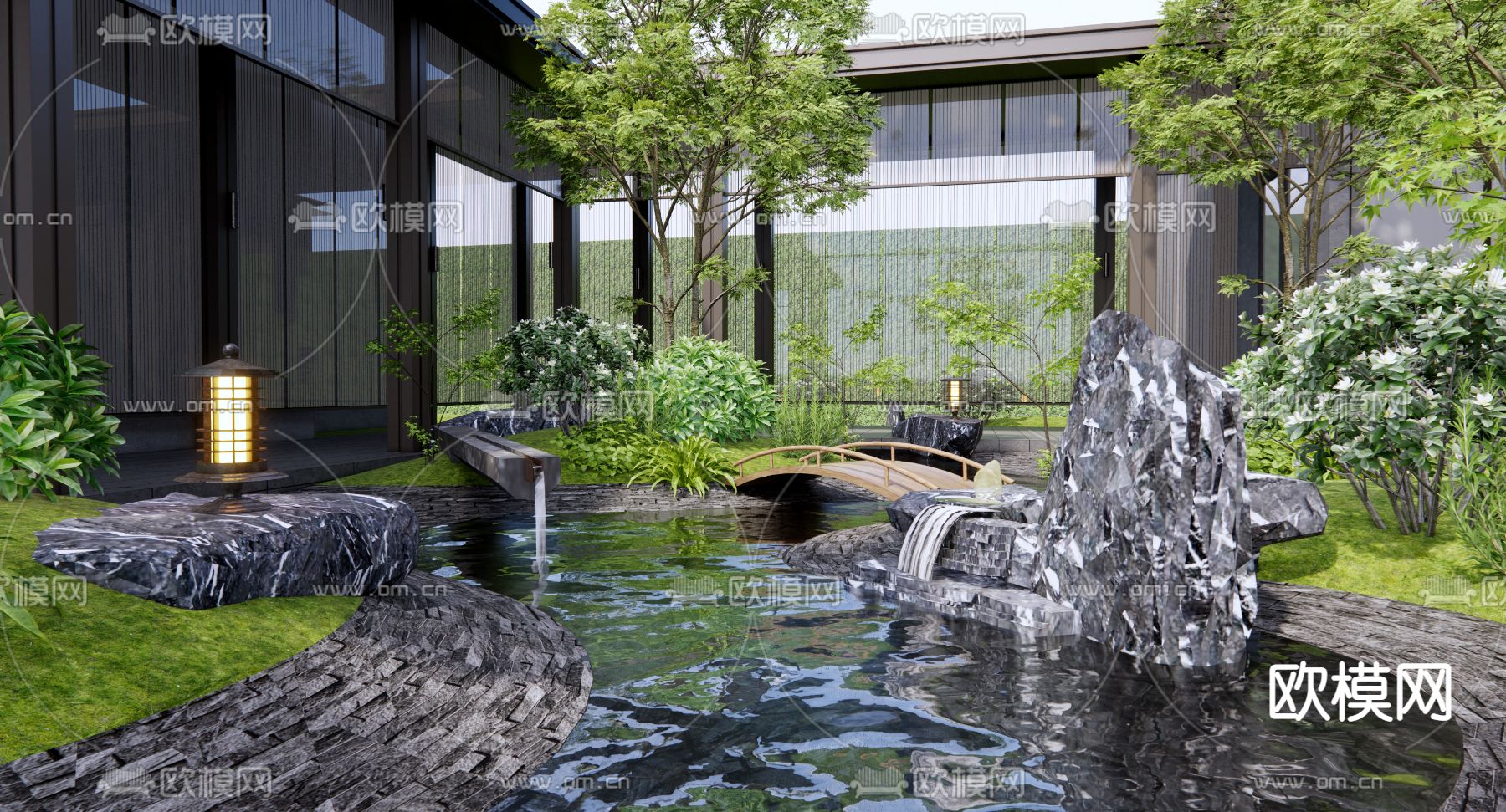 日式中庭庭院景观3d模型下载（渲染图1）