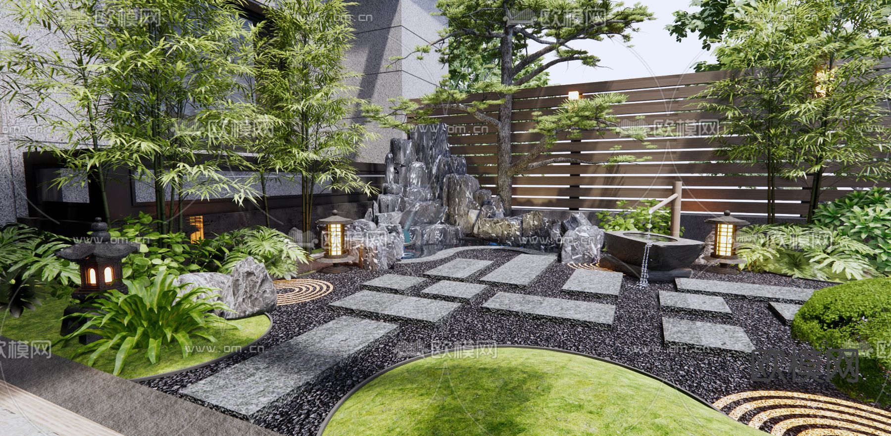 日式枯山水庭院景观3d模型下载_ID12288017_3dmax免费模型-欧模网