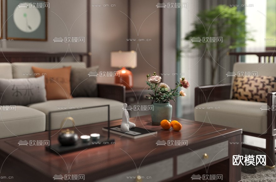 新中式客厅免费3d模型下载_ID12267435_3dmax免费模型-欧模网